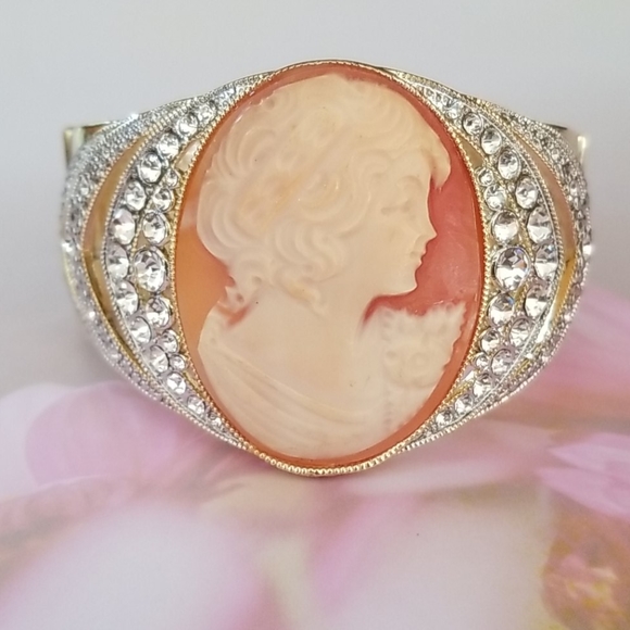 Amedeo Cameo Rhinestone Gold Tone Cuff Bracelet - Picture 8 of 16